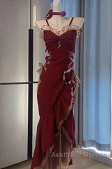 Sexy Mermaid Spaghetti Straps Burgundy Long Evening Dresses Evening Prom Dresses