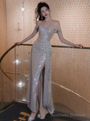 Sexy Sheath Off The Shoulder Sequin Slit Floor Length Evening Dress Prom Dresses
