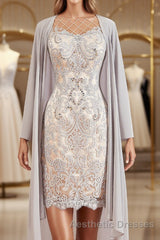 Sheath/Column Bateau Short/Mini Chiffon Mother of the Bride Dresses With Appliques Lace
