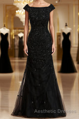 Sheath/Column Off-the-Shoulder Floor-Length Tulle Mother of the Bride Dresses With Beading