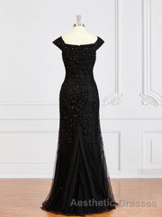 Sheath/Column Off-the-Shoulder Floor-Length Tulle Mother of the Bride Dresses With Beading