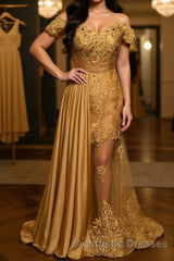 Sheath/Column Off-the-Shoulder Sweep Train Elastic Woven Satin Evening Prom Dresses With Appliques Lace