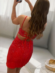 Sheath/Column Spaghetti Straps Short/Mini Homecoming Dresses With Leg Slit