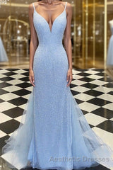 Sheath/Column Spaghetti Straps Sweep Train Tulle Evening Prom Dresses With Sequin