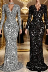 Sheath/Column V-neck Sweep Train Evening Prom Dresses