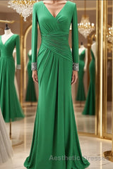 Sheath/Column V-neck Sweep Train Jersey Mother of the Bride Dresses With Ruffles