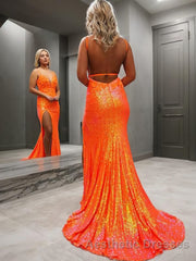 Sheath/Column V-neck Sweep Train Sequins Evening Prom Dresses With Leg Slit