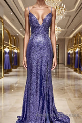Sheath/Column V-neck Sweep Train Sequins Evening Prom Dresses With Leg Slit