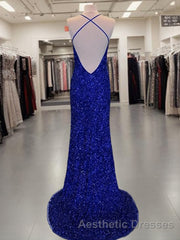 Sheath/Column V-neck Sweep Train Velvet Sequins Evening Prom Dresses With Leg Slit