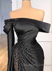 Sheath Off-The-Shoulder Long Sleeves Satin/Sequined Evening Prom Dresses