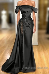Sheath Off-The-Shoulder Long Sleeves Satin/Sequined Evening Prom Dresses