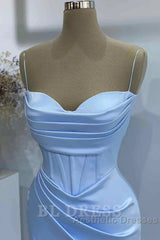 Sheath Spaghetti Straps Satin Pleated Light Blue Long Formal Dresses Bridesmaid Dresses Evening Gown Evening Prom Dresses With Slit