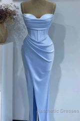 Sheath Spaghetti Straps Satin Pleated Light Blue Long Formal Dresses Bridesmaid Dresses Evening Gown Evening Prom Dresses With Slit