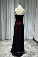 Sheath Spaghetti Straps Tulle Long Evening Prom Dresses With Silt