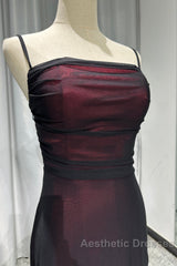Sheath Spaghetti Straps Tulle Long Evening Prom Dresses With Silt