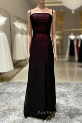 Sheath Spaghetti Straps Tulle Long Evening Prom Dresses With Silt