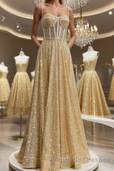 Shiny A Line Spaghetti Straps Gold Evening Prom Dresses Long, Sweetheart Neck Golden Formal Dresses, Gold Tulle Evening Dresses WT1856