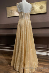 Shiny A Line Spaghetti Straps Gold Evening Prom Dresses Long, Sweetheart Neck Golden Formal Dresses, Gold Tulle Evening Dresses WT1856