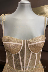 Shiny A Line Spaghetti Straps Gold Evening Prom Dresses Long, Sweetheart Neck Golden Formal Dresses, Gold Tulle Evening Dresses WT1856