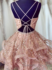 Shiny A Line V Neck Short Champagne Lace Evening Prom Dresses, Short Champagne Lace Formal Homecoming Dresses