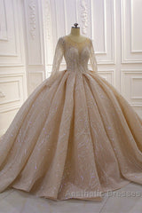 Shiny Ball Gown Tulle Jewel Long Sleevess Ruffless Wedding Dresses