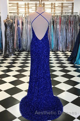 Shiny Blue Sequins Mermaid Backless Long Evening Prom Dresses with High Slit, Mermaid Blue Formal Dresses, Blue Evening Dresses