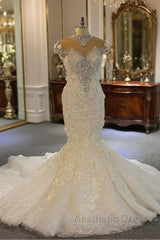 Shiny Crystal High Neck Floral Wedding Dresses Sheer Tulle Sleeveless Mermaid Bridal Gowns