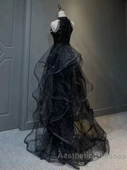 Shiny Halter Sequin Tulle Layered Long Evening Prom Dresses Black Evening Dresses Wedding Dresses