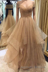 Shiny Off Shoulder Champagne Long Evening Prom Dresses, Off the Shoulder Champagne Formal Dresses, Fluffy Champagne Evening Dresses
