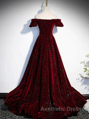 Shiny Off The Shoulder Burgundy Long Evening Prom Dresses, Wine Red Long Formal Evening Dresses