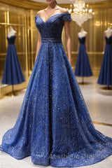 Shiny Off the Shoulder Navy Blue Long Evening Prom Dresses, Off Shoulder Blue Formal Evening Dresses