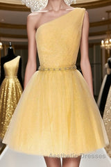 Shiny One Shoulder Yellow Short Evening Prom Homecoming Dresses with Belt, Short One Shoulder Yellow Formal Evening Dresses