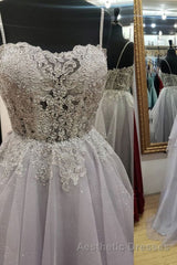 Shiny Open Back Gray Lace Long Evening Prom Dresses, Gray Lace Formal Dresses, Long Grey Evening Dresses