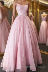 Shiny Pink Backless Long Evening Prom Dresses, Pink Open Back Long Formal Evening Dresses