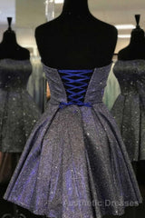 Shiny Strapless Open Back Short Black Evening Prom Dresses, Open Back Black Homecoming Dresses, Black Formal Evening Dresses