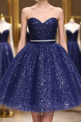 Shiny Strapless Sweetheart Neck Blue Short Evening Prom Homecoming Dresses with Belt, Sparkly Blue Formal Evening Dresses