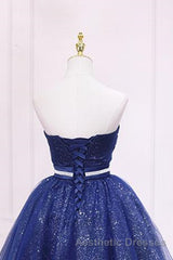 Shiny Strapless Sweetheart Neck Blue Short Evening Prom Homecoming Dresses with Belt, Sparkly Blue Formal Evening Dresses