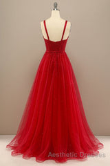 Shiny Sweetheart Neck Red Tulle Beaded Long Evening Prom Dresses, Open Back Red Tulle Formal Graduation Evening Dresses