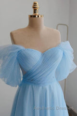 Shiny Tulle Off the Shoulder Tea Length Evening Prom Dresses, Homecoming Dresses, Off Shoulder Formal Graduation Evening Dresses