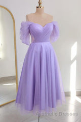 Shiny Tulle Off the Shoulder Tea Length Evening Prom Dresses, Homecoming Dresses, Off Shoulder Formal Graduation Evening Dresses