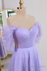 Shiny Tulle Off the Shoulder Tea Length Evening Prom Dresses, Homecoming Dresses, Off Shoulder Formal Graduation Evening Dresses