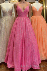 Shiny Tulle V Neck Backless Hot Pink/Orange/Champagne Long Evening Prom Dresses, Backless Hot Pink/Orange/Champagne Formal Graduation Evening Dresses