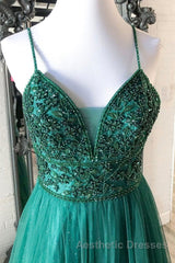 Shiny V Neck Backless Beaded Green Tulle Long Evening Prom Dresses, Green Lace Formal Dresses, Beaded Evening Dresses