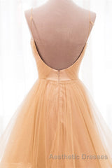 Shiny V Neck Backless Golden Long Evening Prom Dresses, Backless Golden Formal Dresses, Golden Evening Dresses