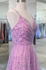 Shiny V Neck Backless Long Purple Evening Prom Dresses, Backless Lilac Formal Graduation Evening Dresses
