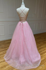 Shiny V Neck Backless Pink Long Evening Prom Dresses, Backless Pink Formal Graduation Evening Dresses