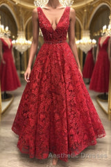 Shiny V Neck Burgundy Lace Long Evening Prom Dresses, Burgundy Lace Formal Dresses, Sparkly Burgundy Evening Dresses