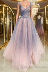 Shiny V Neck Colorful Champagne Long Evening Prom Dresses, Champagne Formal Evening Dresses