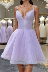 Shiny V Neck Lilac Short Evening Prom Dresses, Lilac Homecoming Dresses