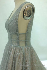 Shiny V Neck Open Back Champagne Long Evening Prom Dresses, Champagne Formal Graduation Evening Dresses